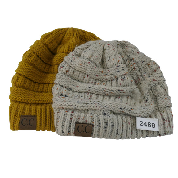 Lot of 2 CC Beanie Hats Womens One Size OS Winter Knit Cap Mustard and Oatmeal - Picture 1 of 13
